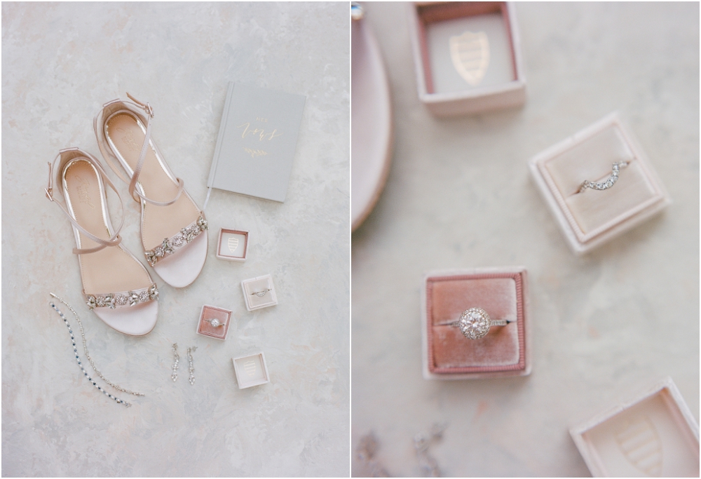 soft pastel bridal details including a Mrs. box, vow book and shoes