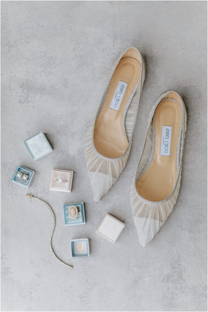 Jimmy Choo sparkly wedding shoes with wedding jewelery and velvet mrs boxes
