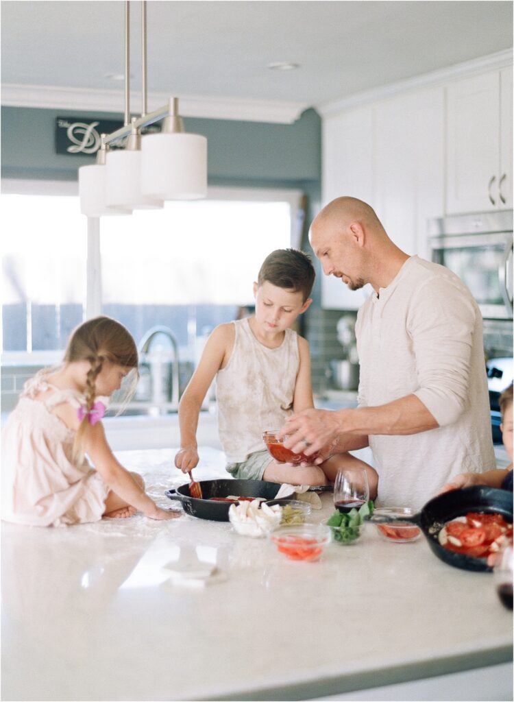 In Home Family Portraits Making Pizza with Kids Catherine Leanne Photography
